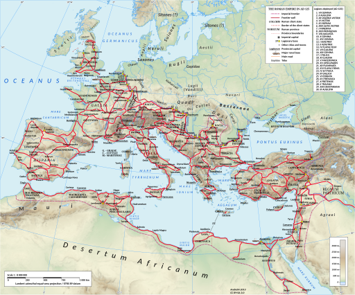 WIKIMEDIA 512px Roman Empire 125 General Map (Red Roads).svg